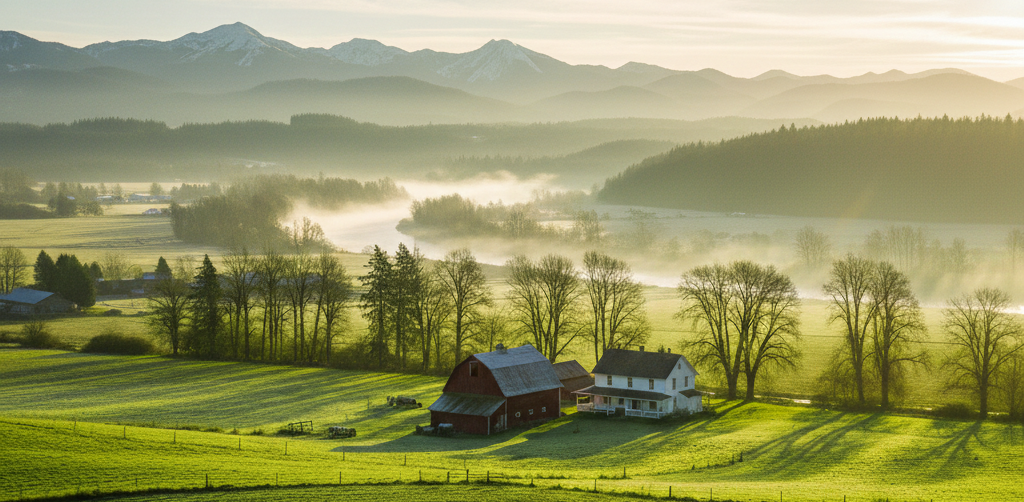 Peaceful countryside scene with a red barn and white house, surrounded by green fields and trees, with mountains in the distance.